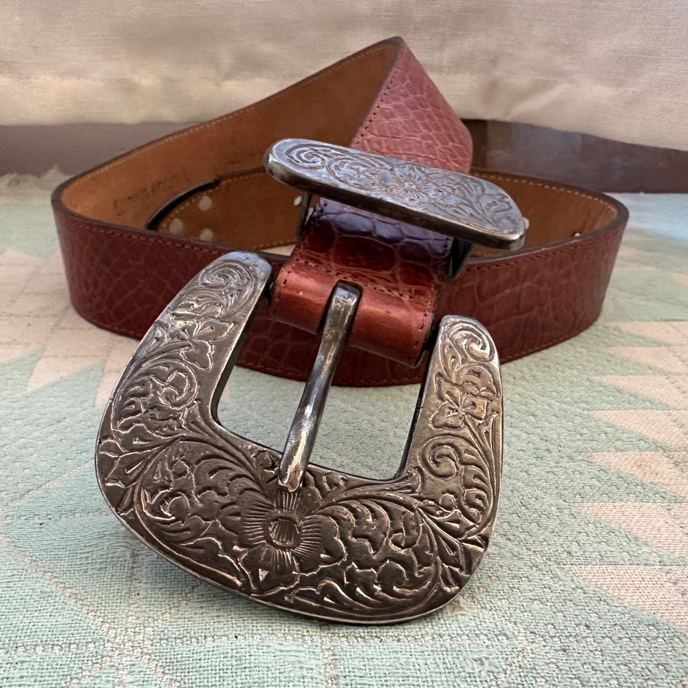 Streets Ahead Croc Embossed Brown Leather Belt with Ornate Floral Motif Buckle